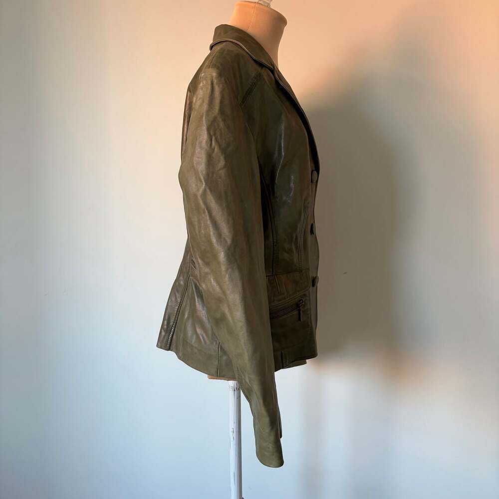 Overland Vintage Genuine Leather Buttoned Earthy Olive Green Blazer Jacket Sz L - Picture 4 of 10